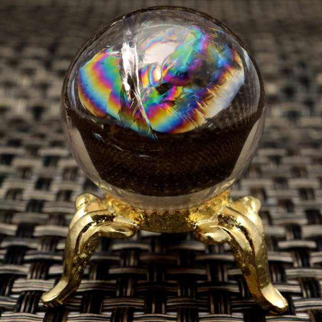 スモーキークォーツ 丸玉 25-26mm 虹入り 水晶 アイリスクォーツ 煙水晶 台座付き オブジェ インテリア 風水