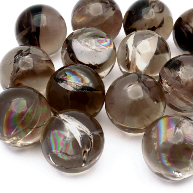 スモーキークォーツ 丸玉 25-26mm 虹入り 水晶 アイリスクォーツ 煙水晶 台座付き オブジェ インテリア 風水