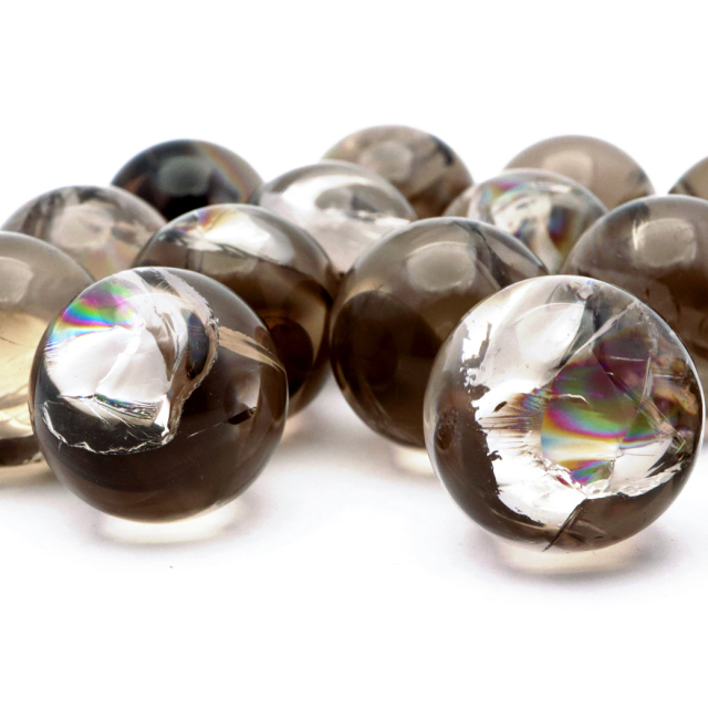 スモーキークォーツ 丸玉 25-26mm 虹入り 水晶 アイリスクォーツ 煙水晶 台座付き オブジェ インテリア 風水