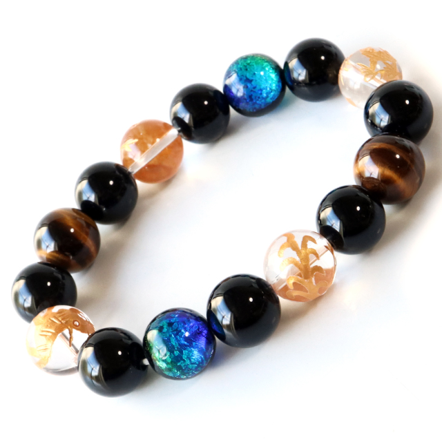 四神 ホタルガラス ブレスレット 12mm 光る ケラマブルー 水晶 天然石 パワーストーン メンズ アクセサリー