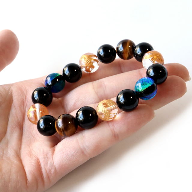 四神 ホタルガラス ブレスレット 12mm 光る ケラマブルー 水晶 天然石 パワーストーン メンズ アクセサリー