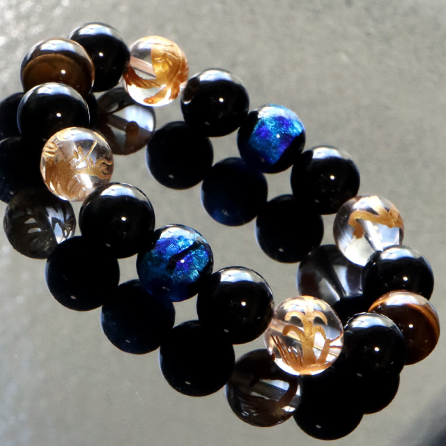 四神 光る ホタルガラス ブレスレット 12mm 水晶 天然石 パワーストーン メンズ アクセサリー