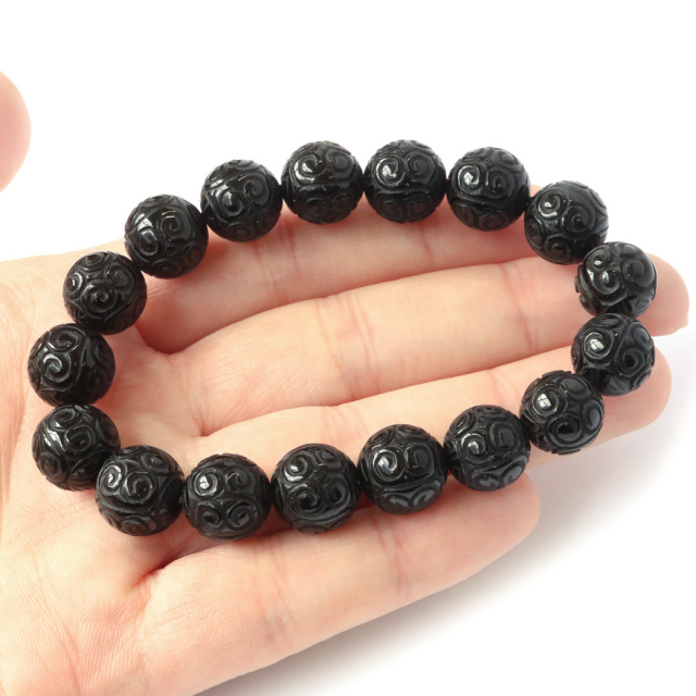 モリオン ブレスレット 12mm 回文殊 チベット産 幸運を呼び込む 黒水晶