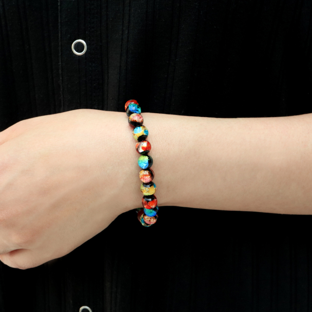 ホタルガラス ブレスレット 光る ミックスカラー ケラママリン オレンジ イエロー ブルー 8mm パワーストーン 沖縄 お土産 琉球 とんぼ玉