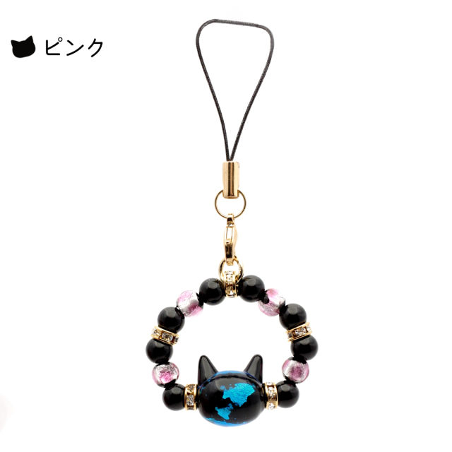ホタルガラス ストラップ  猫ビーズ入り 光る トンボ玉 とんぼ玉 テラヘルツ お守り パワーストーン キーホルダー アニマル 癒し