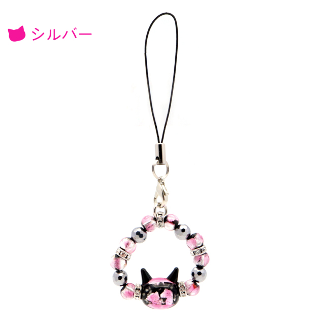 ホタルガラス ストラップ ピンク pink 猫ビーズ入り 光る トンボ玉 とんぼ玉 テラヘルツ お守り パワーストーン キーホルダー