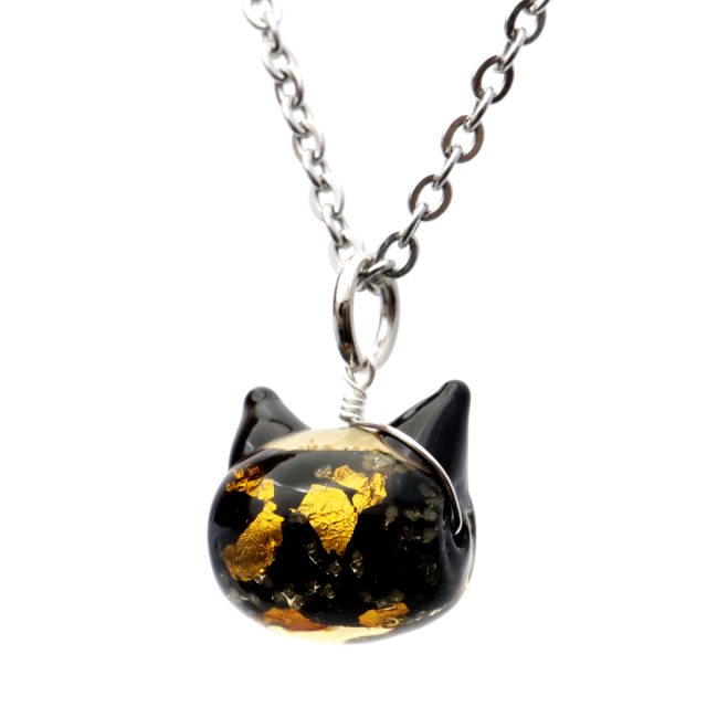 ホタルガラス ネックレス 猫 イエロー ゴールド かわいい ペンダント レディース 光る 蓄光 沖縄 お土産 おしゃれ とんぼ玉 ねこ ネコ