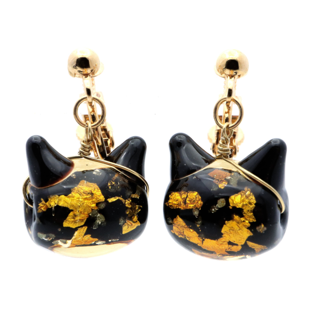 ホタルガラス イヤリング 猫 光る イエロー ゴールド 蓄光 かわいい