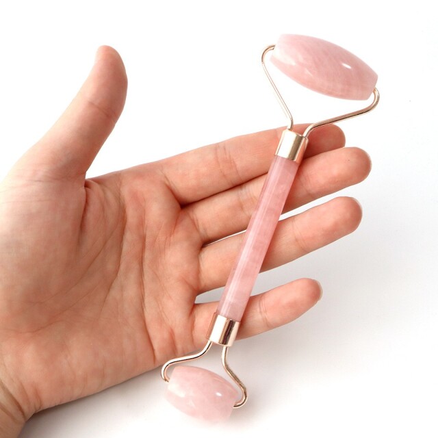 訳あり フェイスローラー 天然石 ローズクォーツ ミニ ダブルヘッド フェイスマッサージ 紅水晶 Rose Quartz
