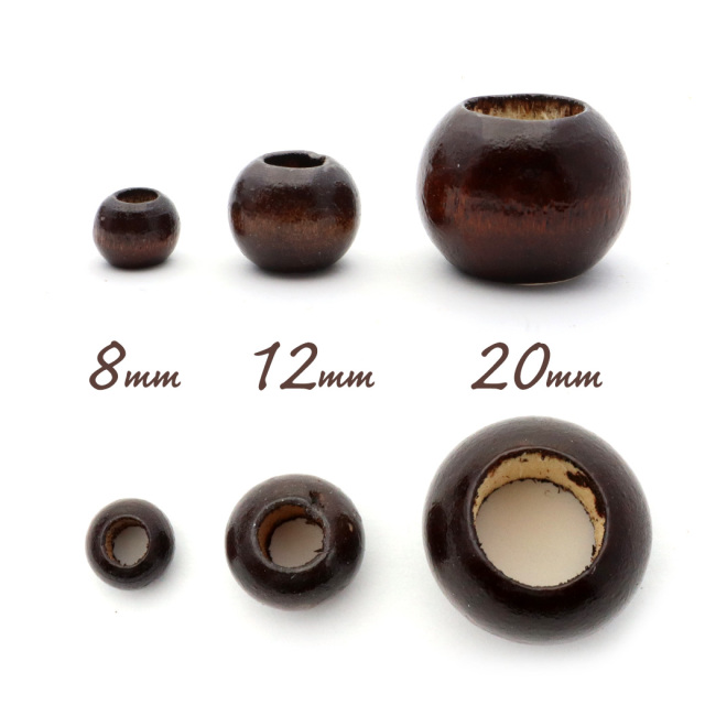 ウッドビーズ パーツ 20mm 太穴 50個入り 木製 焦げ茶 ブラウン 大穴 アクセサリー スペーサー 丸 太い穴 ラウンド ハンドメイド