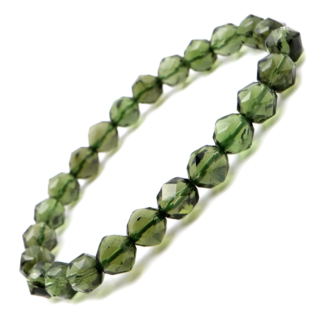 モルダバイト ブレスレット スターカット 7-8mm 鑑別書付き 天然ガラス 1点物 宇宙の神秘 天然石 パワーストーン 送料無料