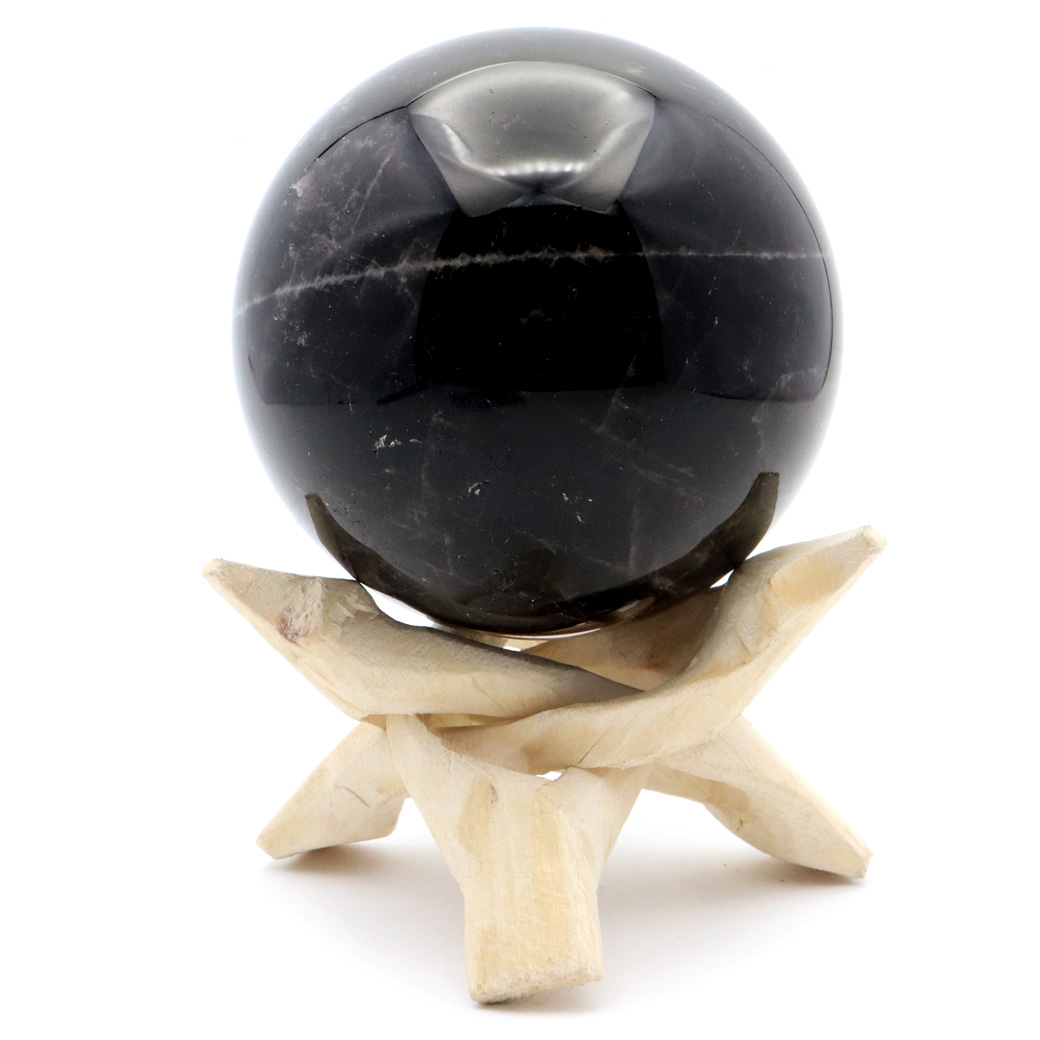 モリオン 黒水晶 丸玉 木製台座付き 山東省産 天然石 パワーストーン 1点もの 置き物 インテリア 置物 開運 原石