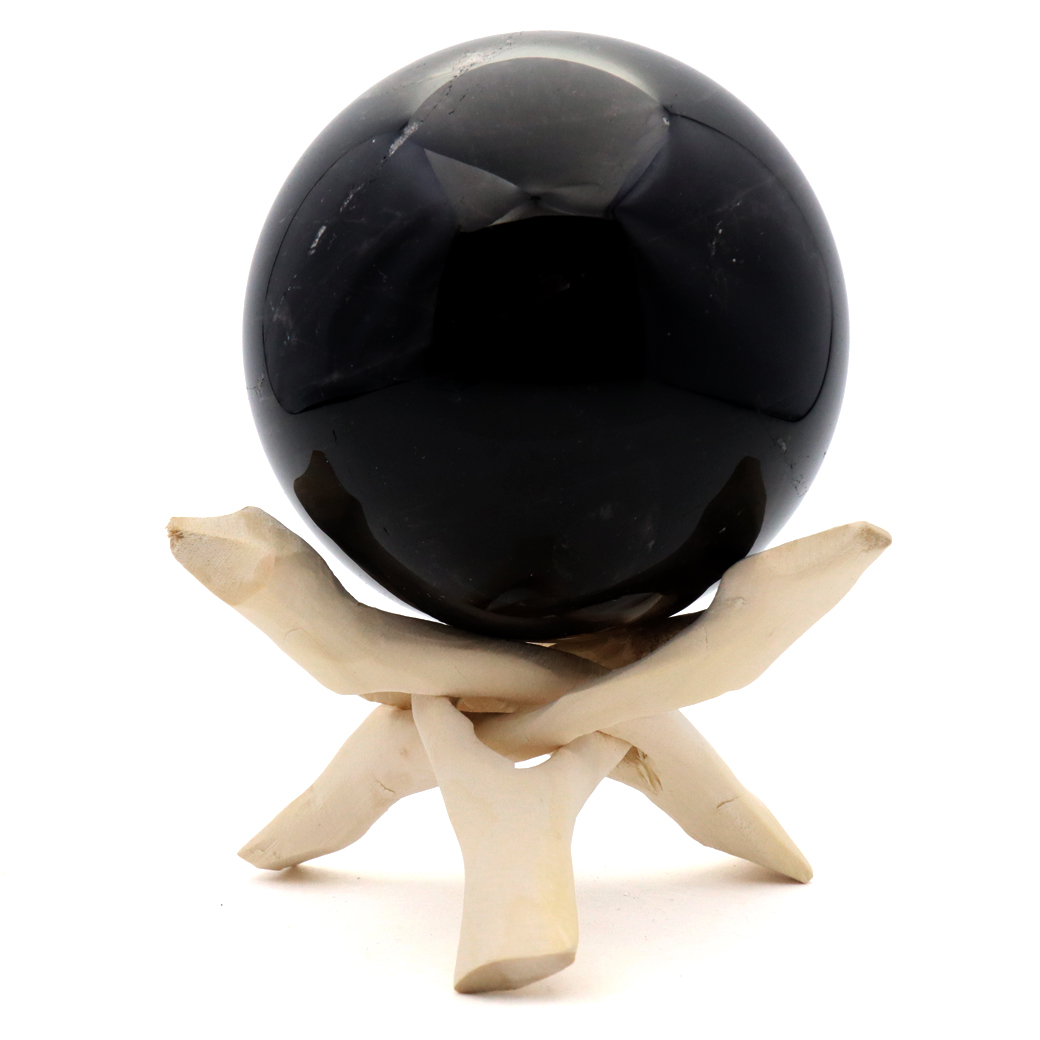 モリオン 黒水晶 丸玉 木製台座付き 山東省産 天然石 パワーストーン 1点もの 置き物 インテリア 置物 開運 原石