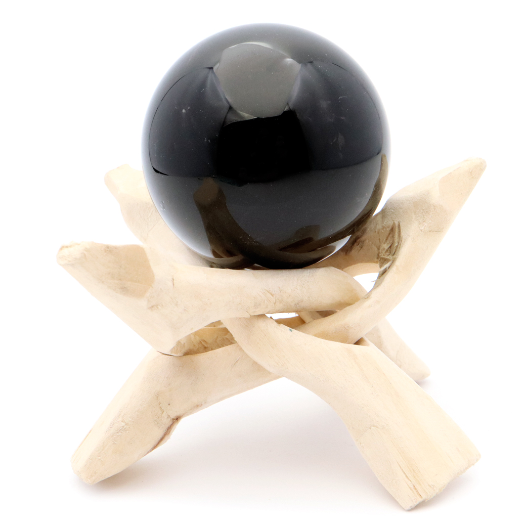 モリオン 黒水晶 丸玉 木製台座付き 直径 50mm 山東省産 天然石 パワーストーン 1点もの