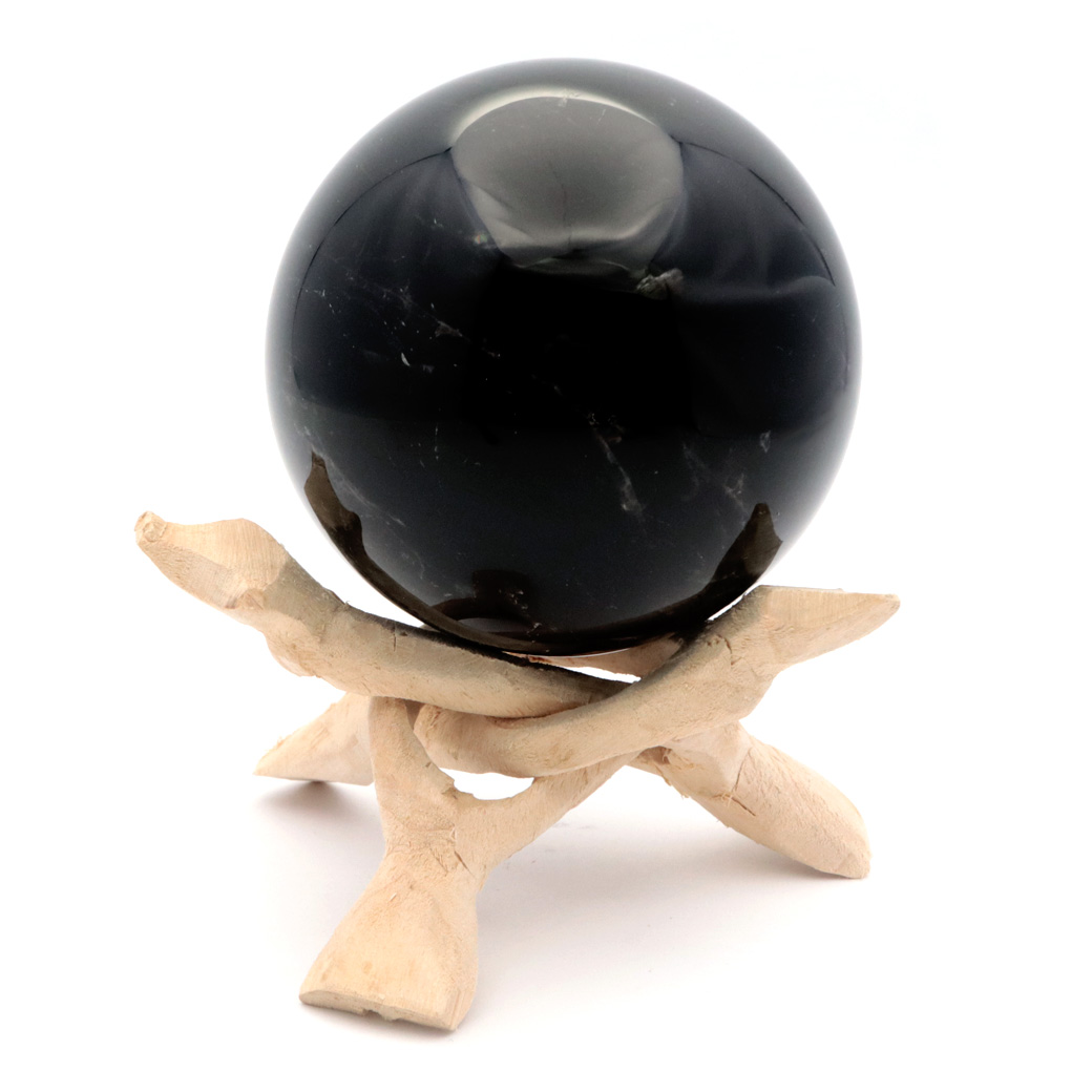 モリオン 黒水晶 丸玉 木製台座付き 直径 77mm 山東省産 天然石 パワーストーン 1点もの 置き物 インテリア 置物 開運 原石