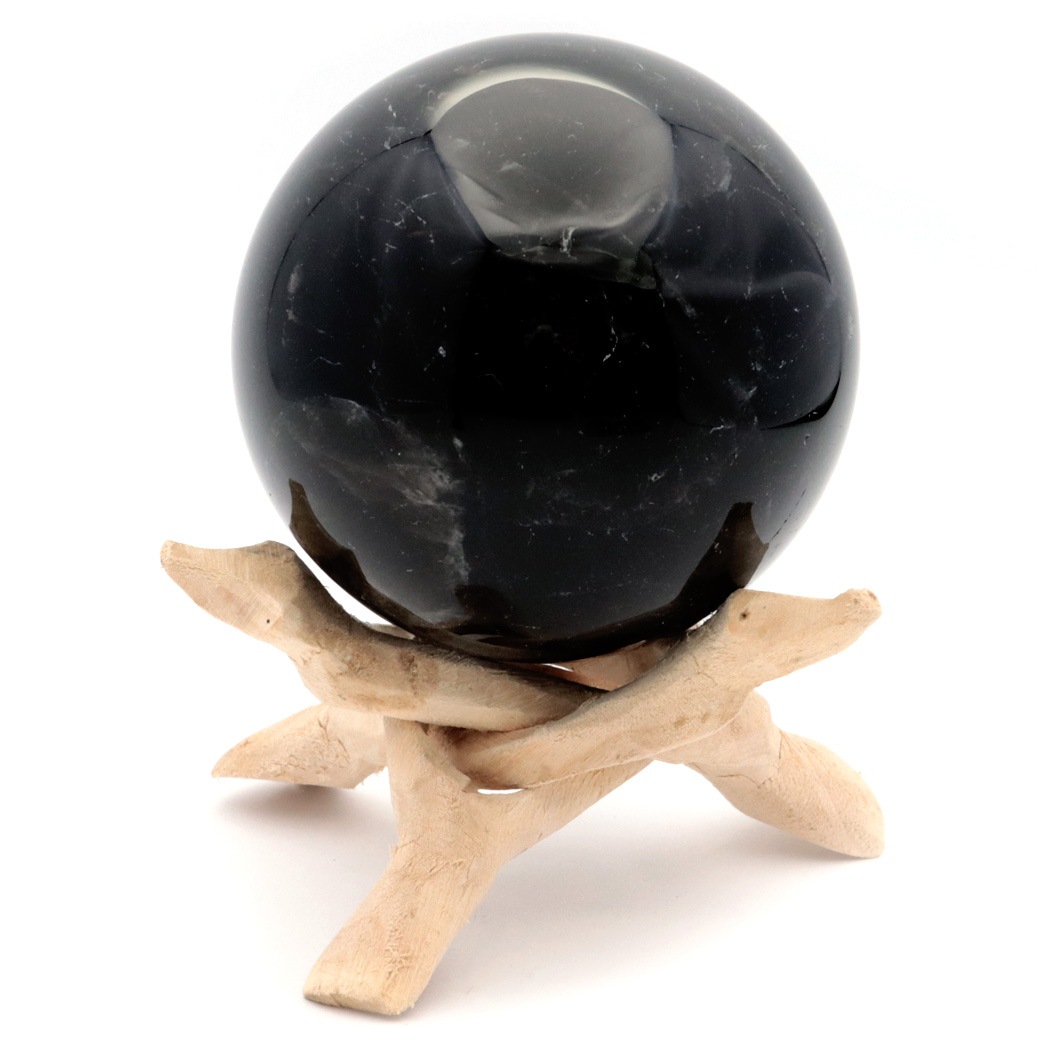 モリオン 黒水晶 丸玉 木製台座付き 直径 78mm 山東省産 天然石 パワーストーン 1点もの 置き物 インテリア 置物 開運 原石