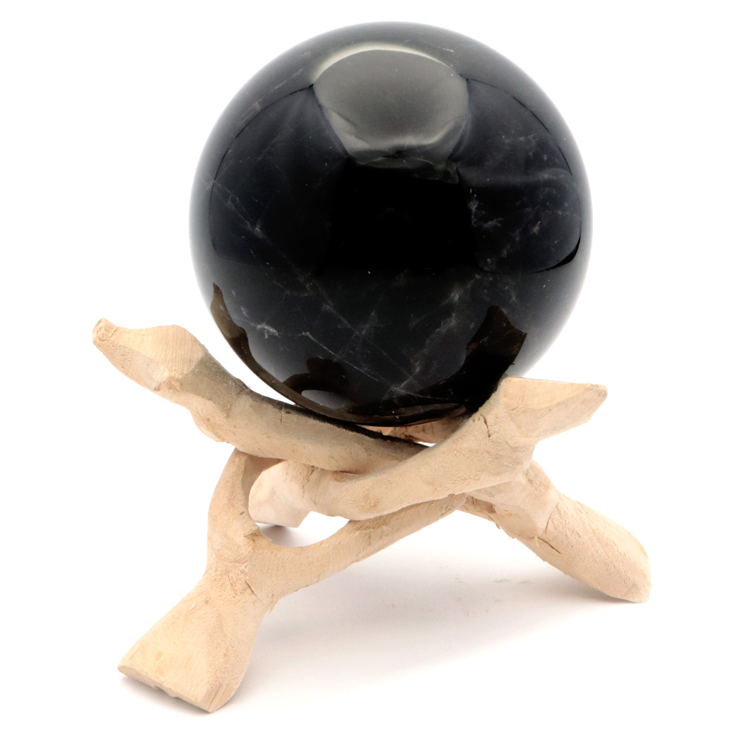 モリオン 黒水晶 丸玉 木製台座付き 直径 70mm 山東省産 天然石 パワーストーン 1点もの 置き物 インテリア 置物 開運 原石