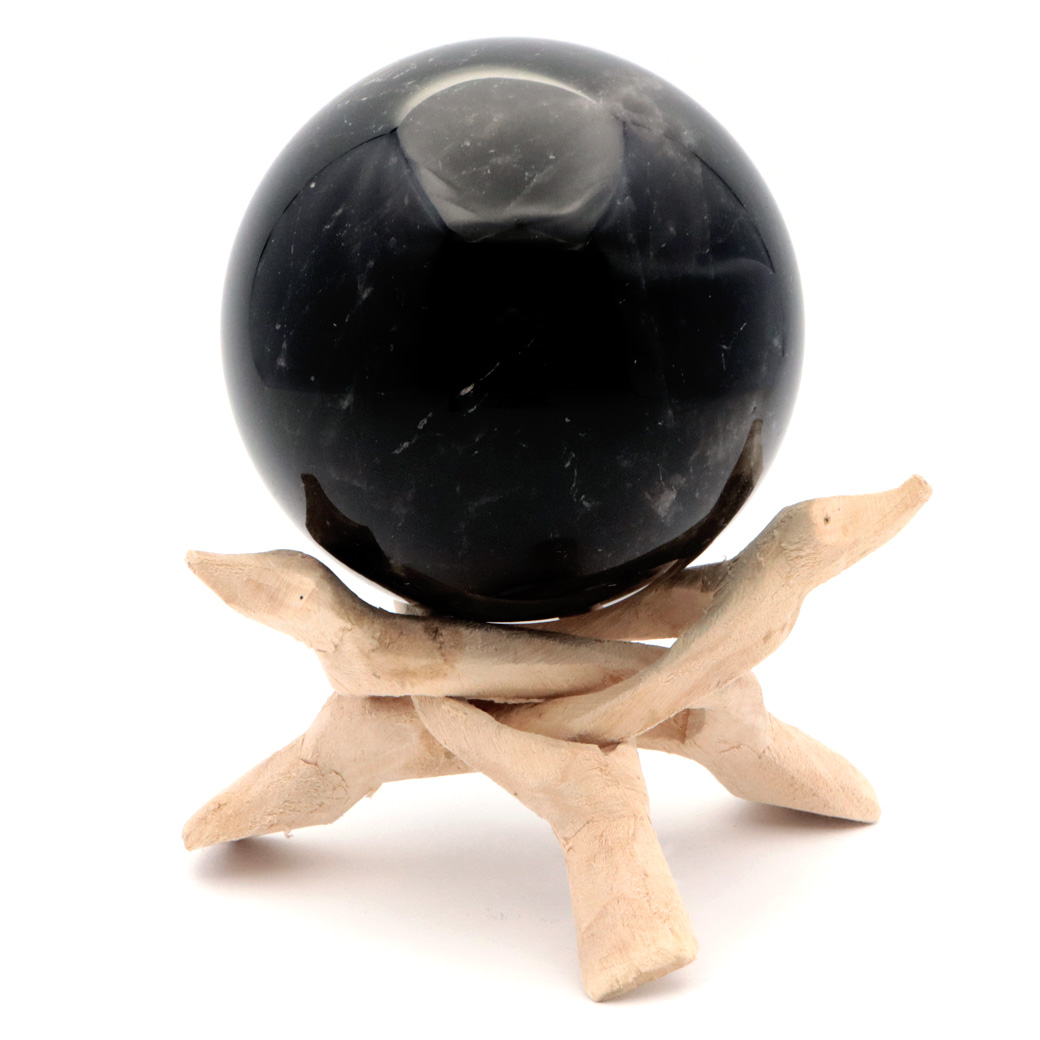モリオン 黒水晶 丸玉 木製台座付き 直径 78mm 山東省産 天然石 パワーストーン 1点もの 置き物 インテリア 置物 開運 原石