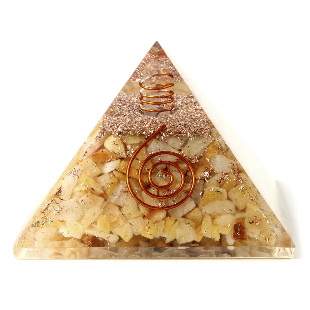 アラゴナイト使用 水晶単結晶入り オルゴナイトピラミッド 大人気スピリチュアルグッズ 幅約65-70mm前後