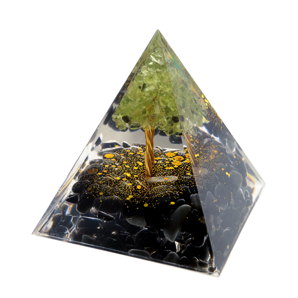 オルゴナイト ピラミッド 招財樹 ツリー 天然石 さざれ オブシディアン ペリドット 幅 約5cm orgonite pyramid  置物 パワーストーン 浄化