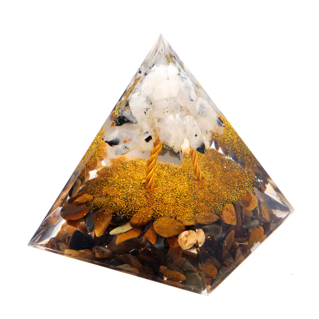 オルゴナイト ピラミッド 招財樹 天然石 さざれ タイガーアイ ムーンストーン 幅 約5cm orgonite pyramid  置物