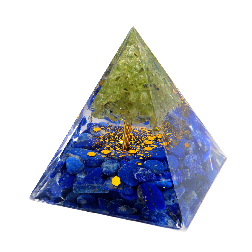 オルゴナイト ピラミッド 招財樹 ツリー 天然石 さざれ ラピスラズリ ペリドット 幅 約5cm orgonite pyramid  置物 パワーストーン 浄化