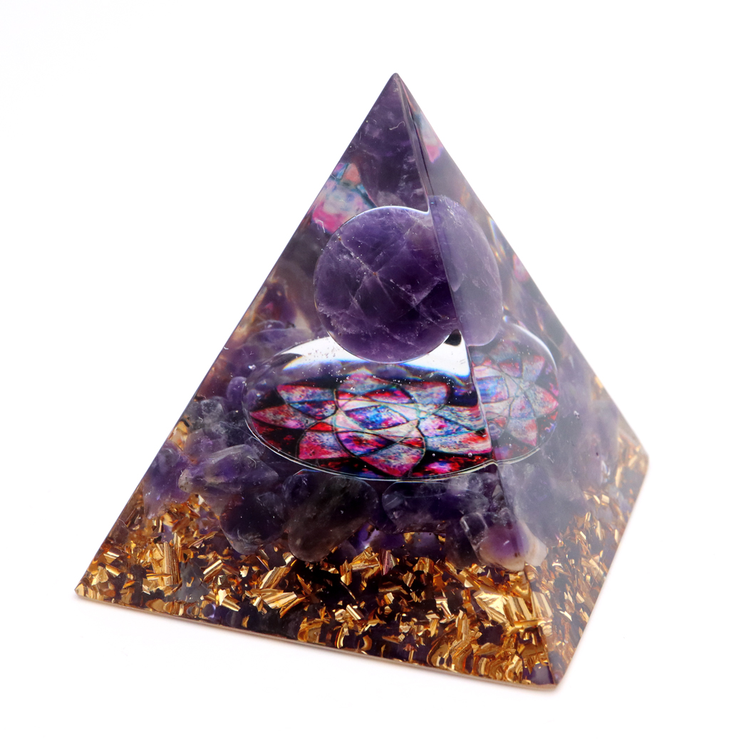 オルゴナイト ピラミッド 天然石 さざれ  アメジスト 丸玉  幅 約5cm orgonite pyramid  置物 パワーストーン