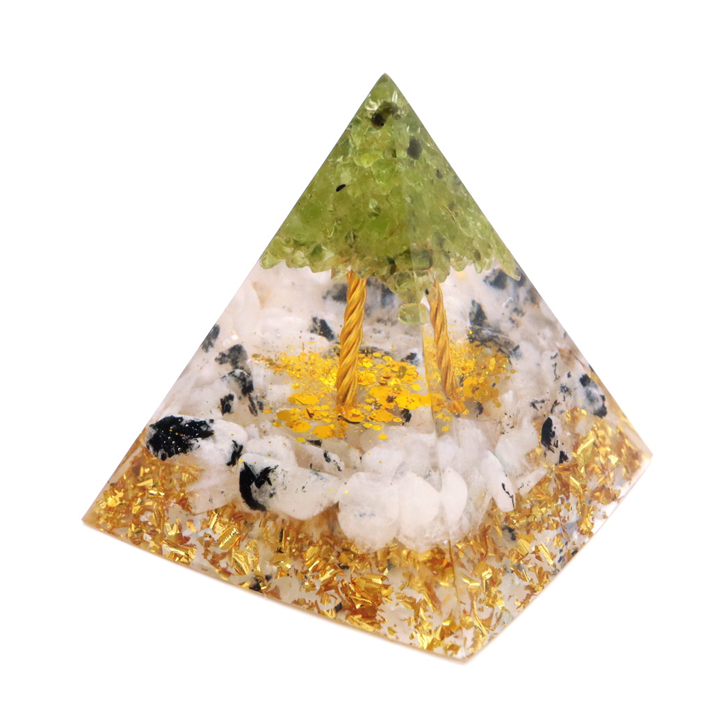オルゴナイト ピラミッド 招財樹 天然石 さざれ ムーンストーン ペリドット 幅 約5cm orgonite pyramid  置物