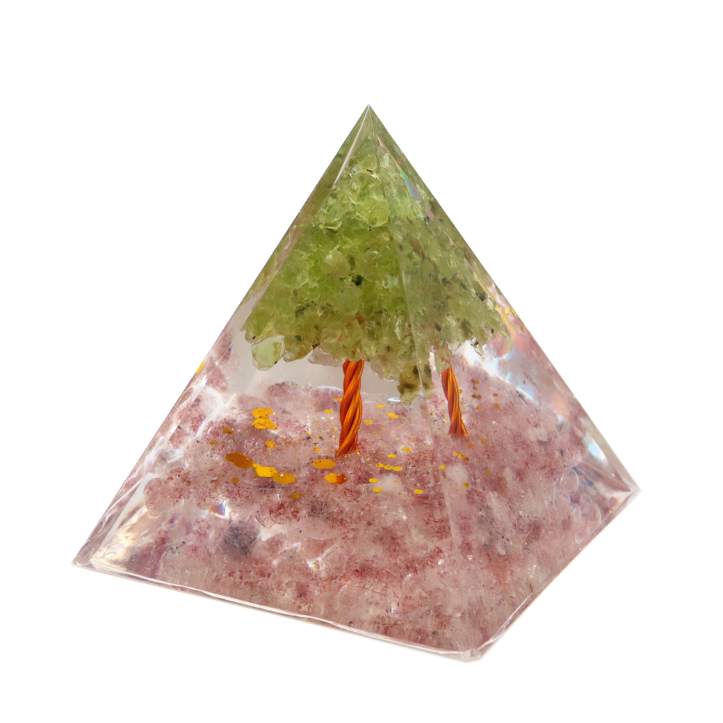オルゴナイト ピラミッド 招財樹 ツリー 天然石 さざれ ストロベリークォーツ ペリドット 幅 約5cm orgonite pyramid  置物 パワーストーン 浄化