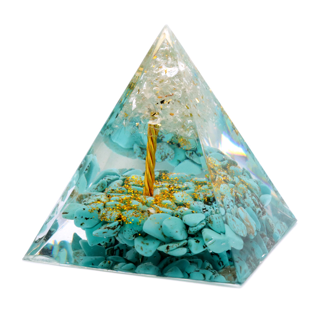 オルゴナイト ピラミッド 招財樹 ツリー 天然石 さざれ ターコイズ 水晶 幅 約5cm orgonite pyramid  置物 パワーストーン 浄化