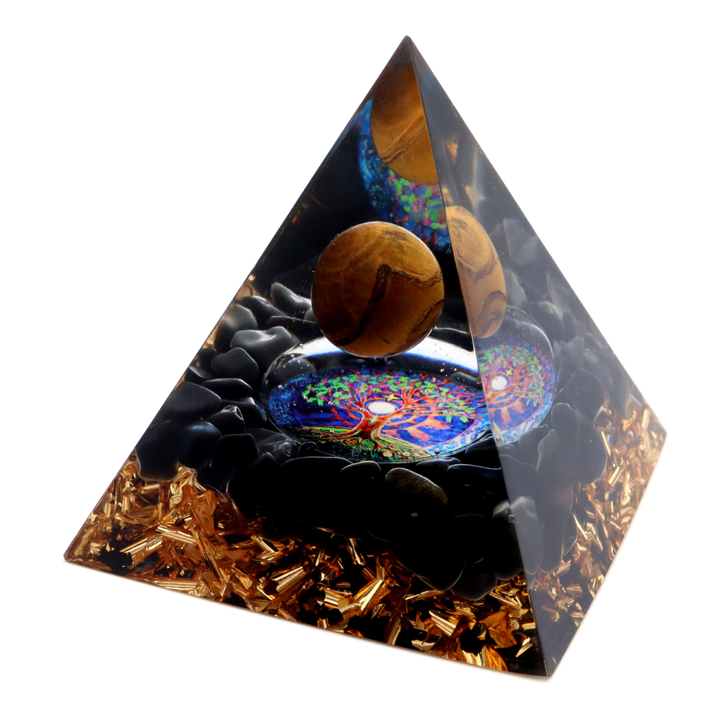 オルゴナイト ピラミッド 招財樹 オブシディアン さざれ タイガーアイ 丸玉入り orgonite pyramid  置物 天然石 パワーストーン 浄化