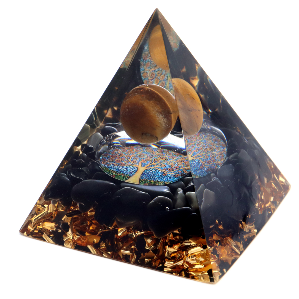 オルゴナイト ピラミッド 生命の樹 オブシディアン さざれ タイガーアイ 丸玉入り orgonite pyramid  置物 天然石 パワーストーン 浄化
