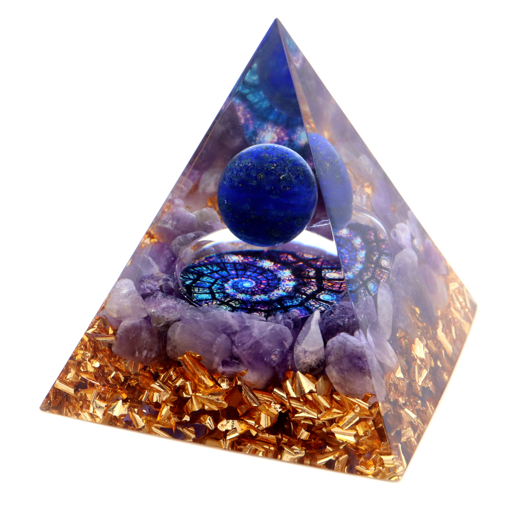 オルゴナイト ピラミッド アメジスト さざれ ラピスラズリ丸玉入り ステンドグラス風 紫水晶 orgonite pyramid  置物 天然石 