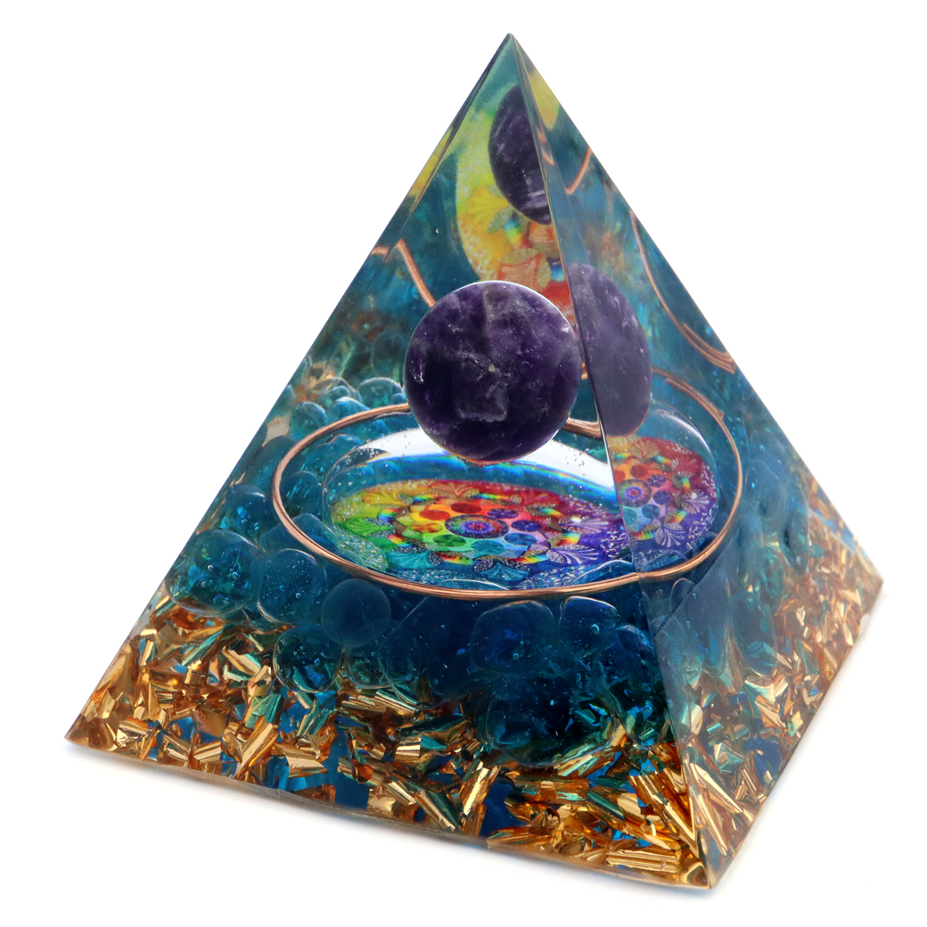 オルゴナイト ピラミッド アメジスト 丸玉入り 紫水晶 曼荼羅 orgonite pyramid  置物 天然石 パワーストーン 浄化
