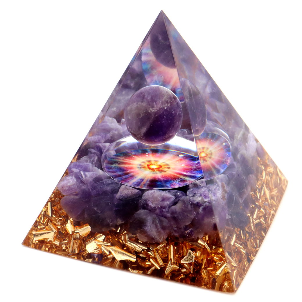 オルゴナイト ピラミッド 愛心 ハート アメジスト さざれ 丸玉入り 紫水晶 orgonite pyramid  置物 天然石 パワーストーン 浄化