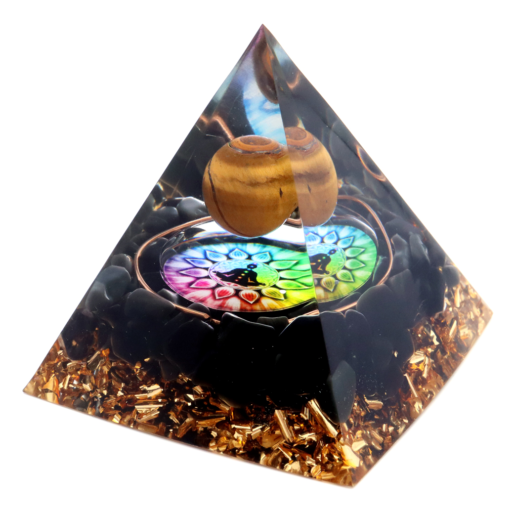 オルゴナイト ピラミッド チャクラ オブシディアン さざれ タイガーアイ 丸玉入り orgonite pyramid  置物 天然石 パワーストーン 浄化