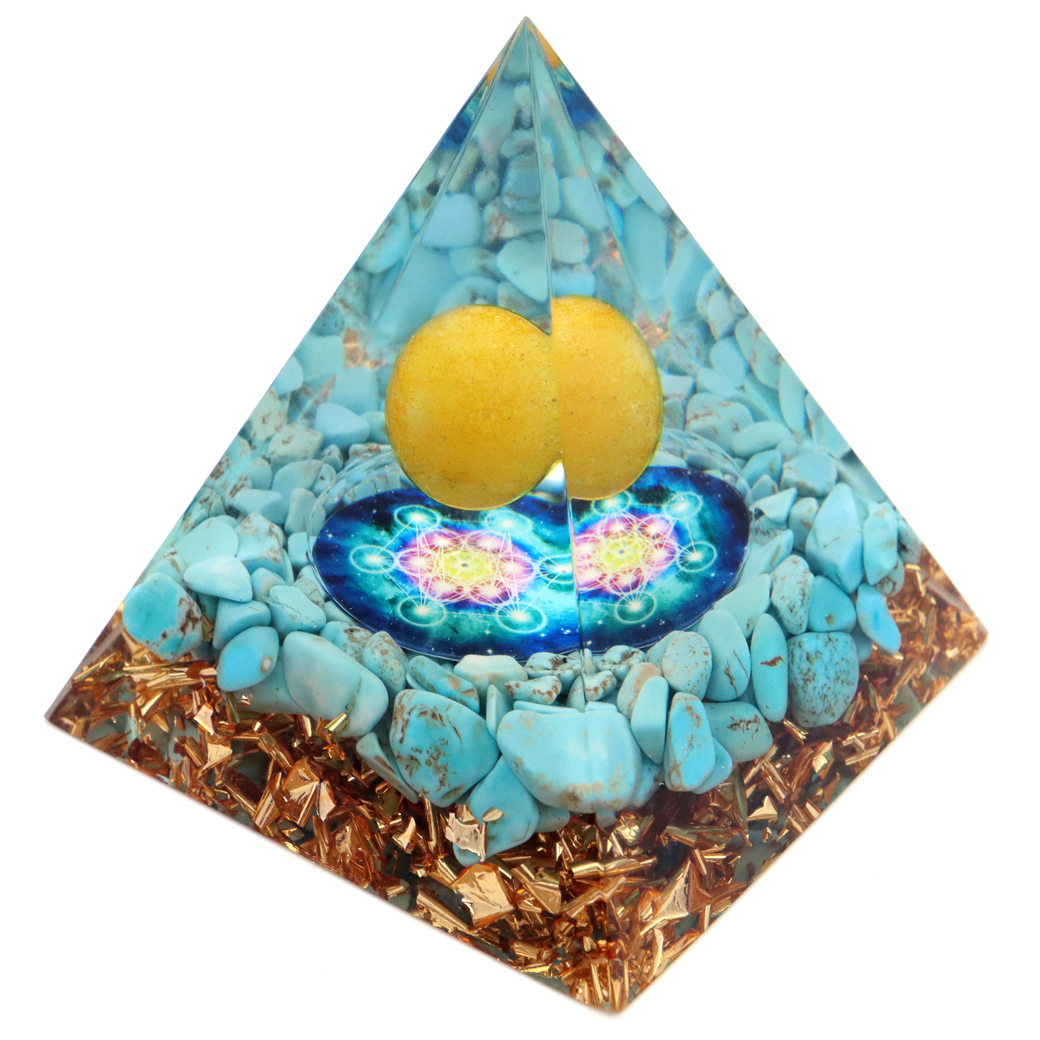オルゴナイト ピラミッド ターコイズ トルコ石 さざれ アラゴナイト 丸玉入り 六芒星  orgonite pyramid  置物 天然石