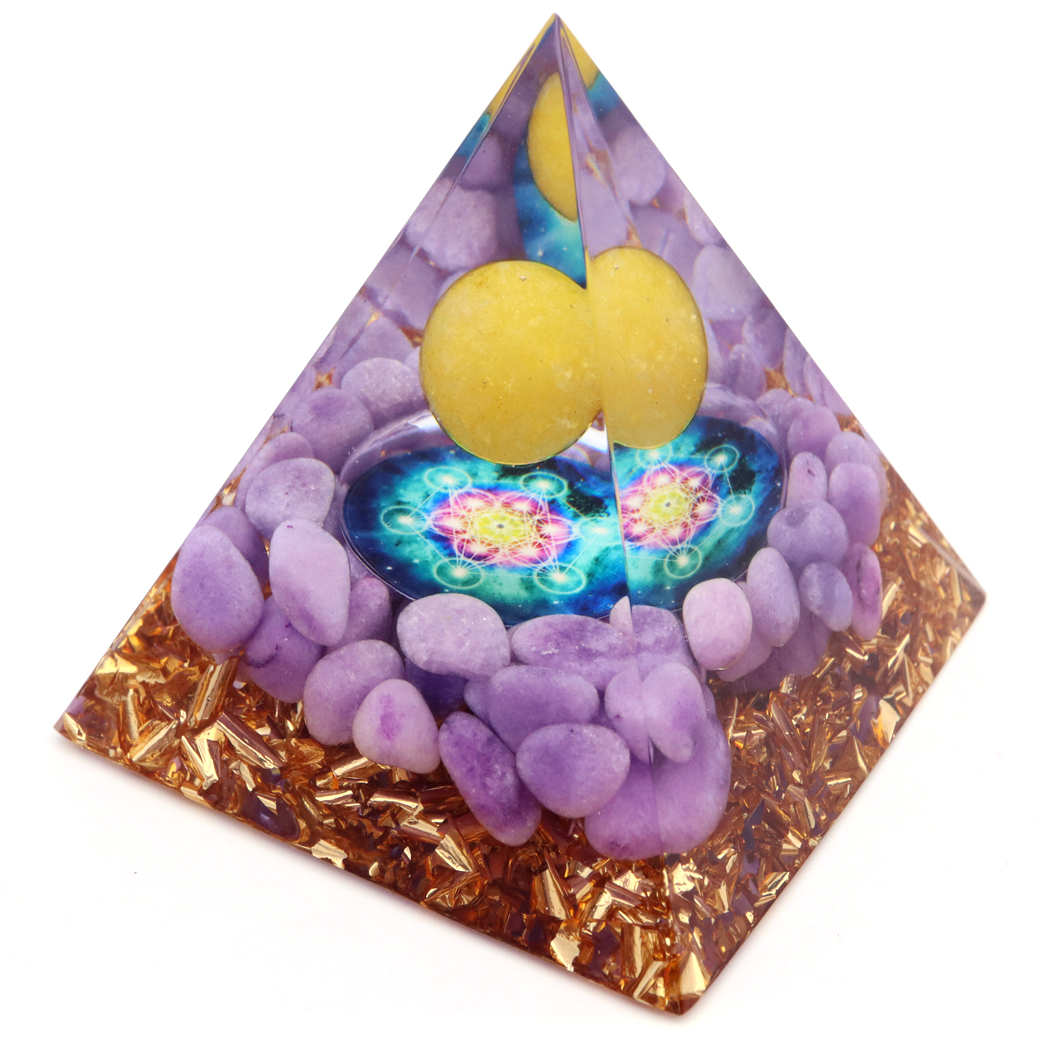オルゴナイト ピラミッド ラベンダーアメジスト さざれ アラゴナイト 丸玉入り 六芒星  orgonite pyramid  置物 天然石