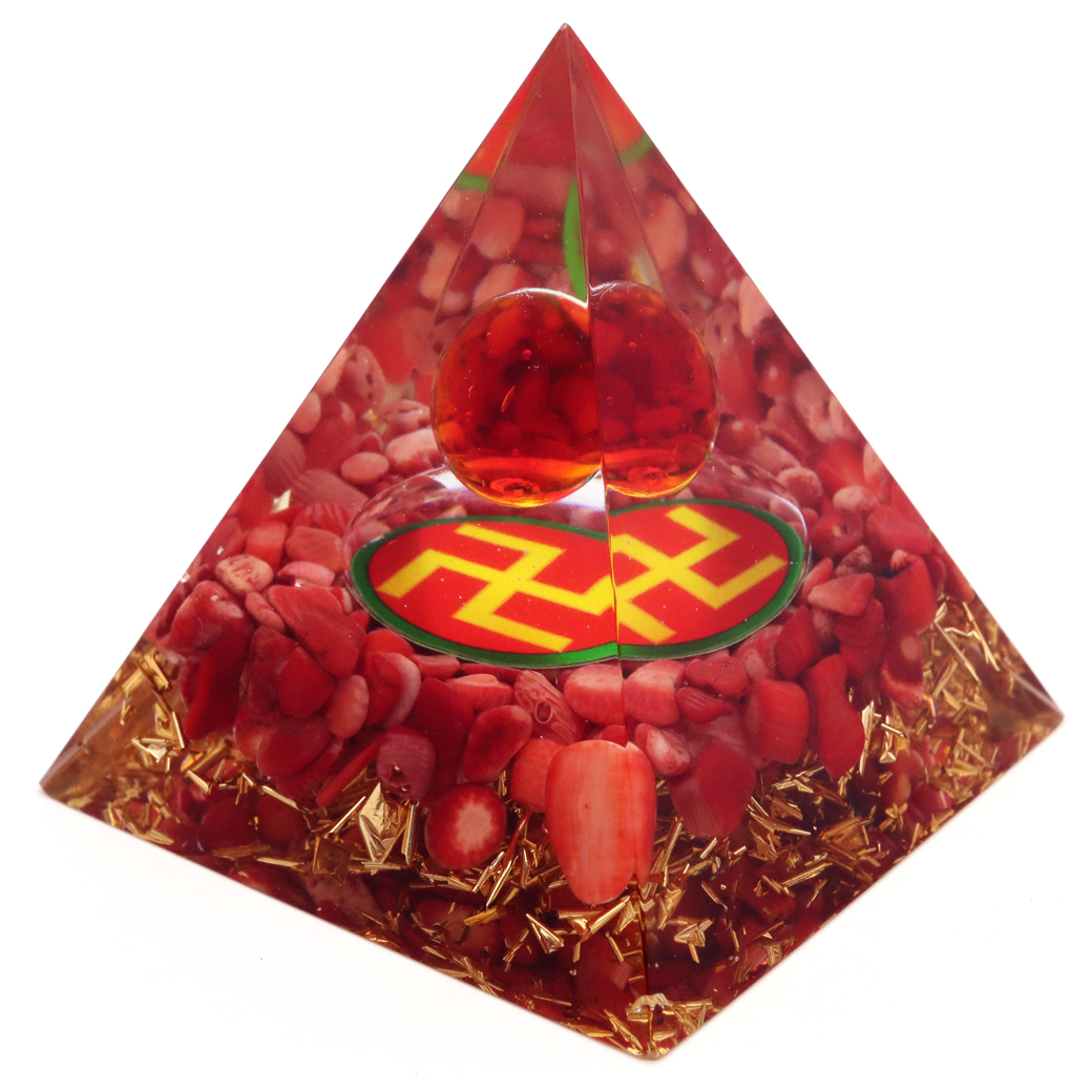 オルゴナイト ピラミッド レッドコーラル さざれ 珊瑚 卍 orgonite pyramid  置物 天然石 パワーストーン 浄化