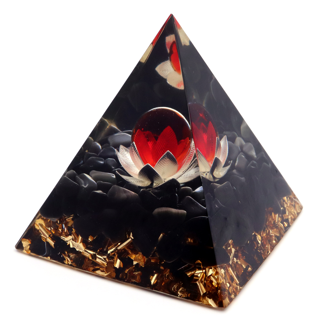 オルゴナイト ピラミッド オブシディアン さざれ 黒曜石 蓮の花 orgonite pyramid  置物 天然石 パワーストーン 浄化