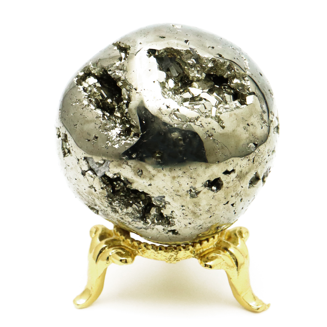 パイライト 丸玉 1点物 ペルー産 台座付き 置き物 天然石 パワーストーン ピカピカ鏡面 黄鉄鉱 