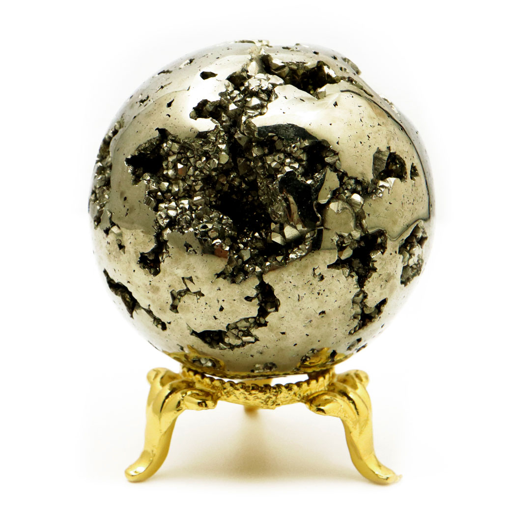 パイライト 丸玉 47mm 1点物 ペルー産 台座付き 置き物 天然石 パワーストーン ピカピカ鏡面 黄鉄鉱 