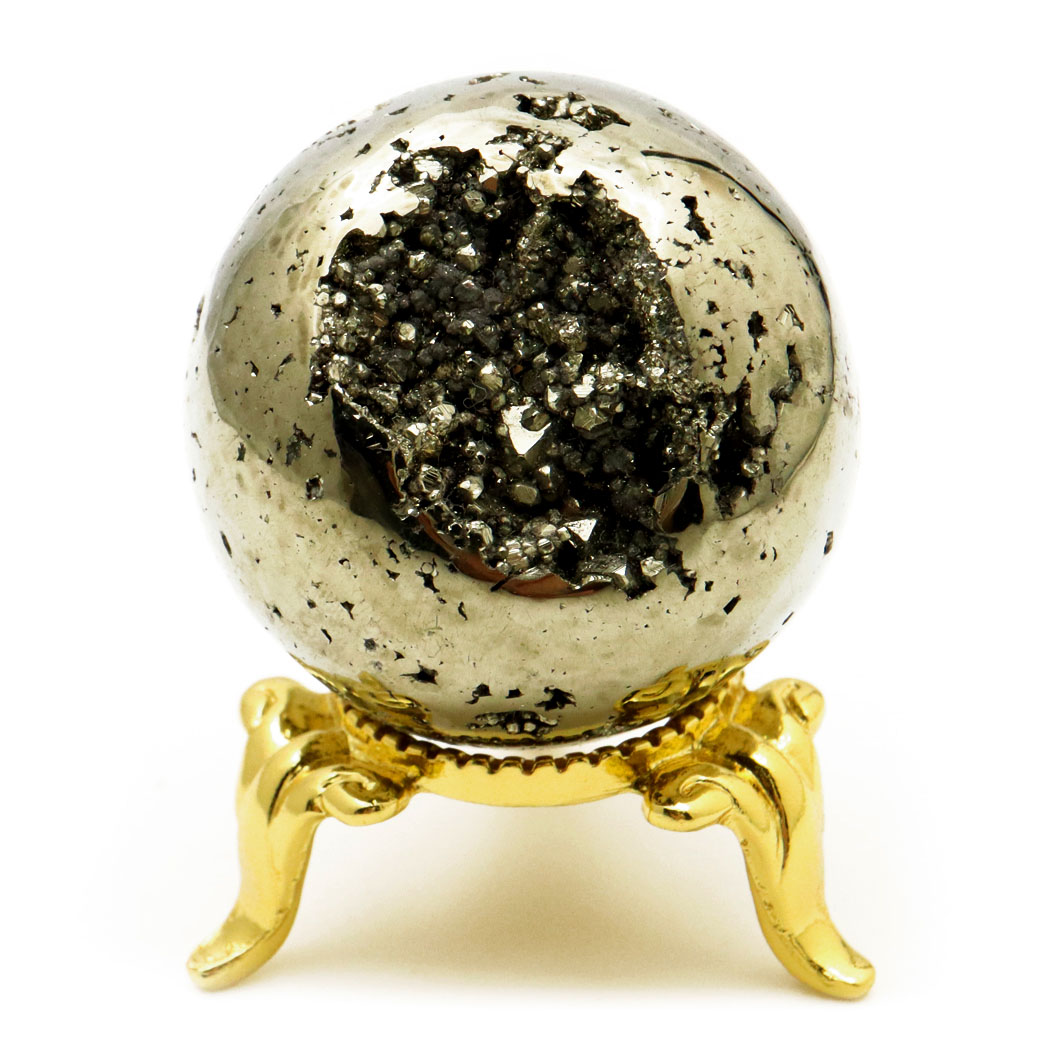 パイライト 丸玉 35mm 1点物 ペルー産 台座付き 置き物 天然石 パワーストーン ピカピカ鏡面 黄鉄鉱 