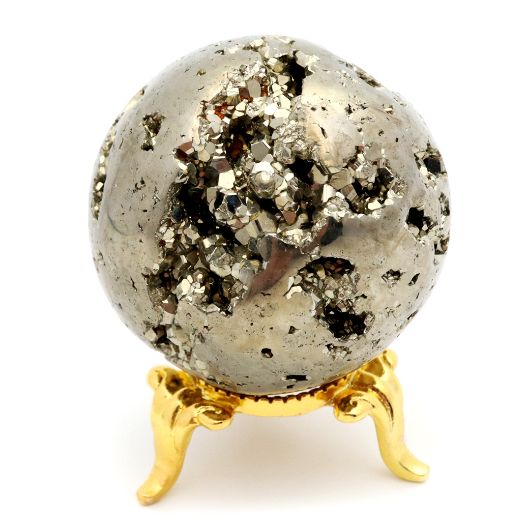 パイライト 丸玉 42mm 1点物 ペルー産 台座付き 置き物 天然石 パワーストーン ピカピカ鏡面 黄鉄鉱 