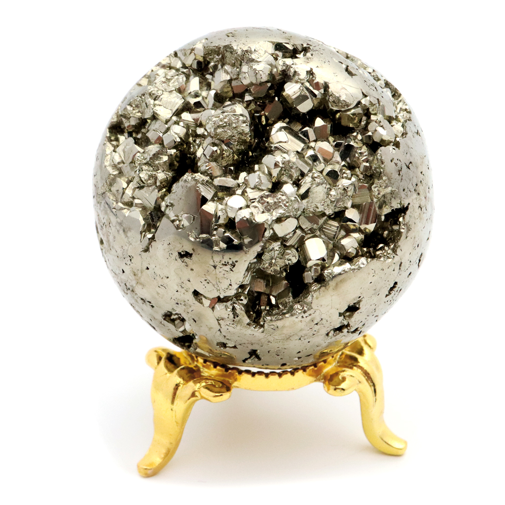 パイライト 丸玉 44mm 1点物 ペルー産 台座付き 置き物 天然石 パワーストーン ピカピカ鏡面 黄鉄鉱 