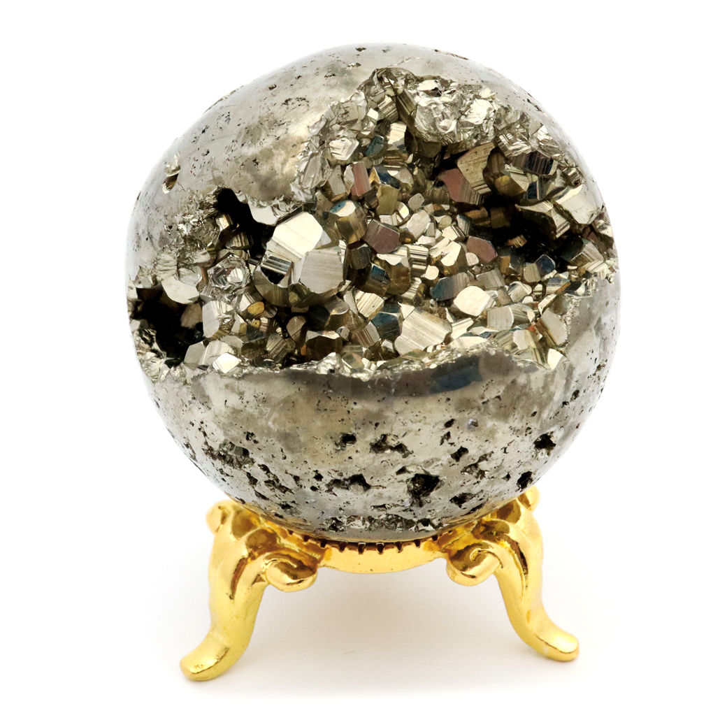 パイライト 丸玉 40mm 1点物 ペルー産 台座付き 置き物 天然石 パワーストーン ピカピカ鏡面 黄鉄鉱 