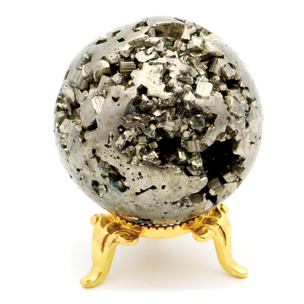 パイライト 丸玉 44mm 1点物 ペルー産 台座付き 置き物 天然石 パワーストーン ピカピカ鏡面 黄鉄鉱 