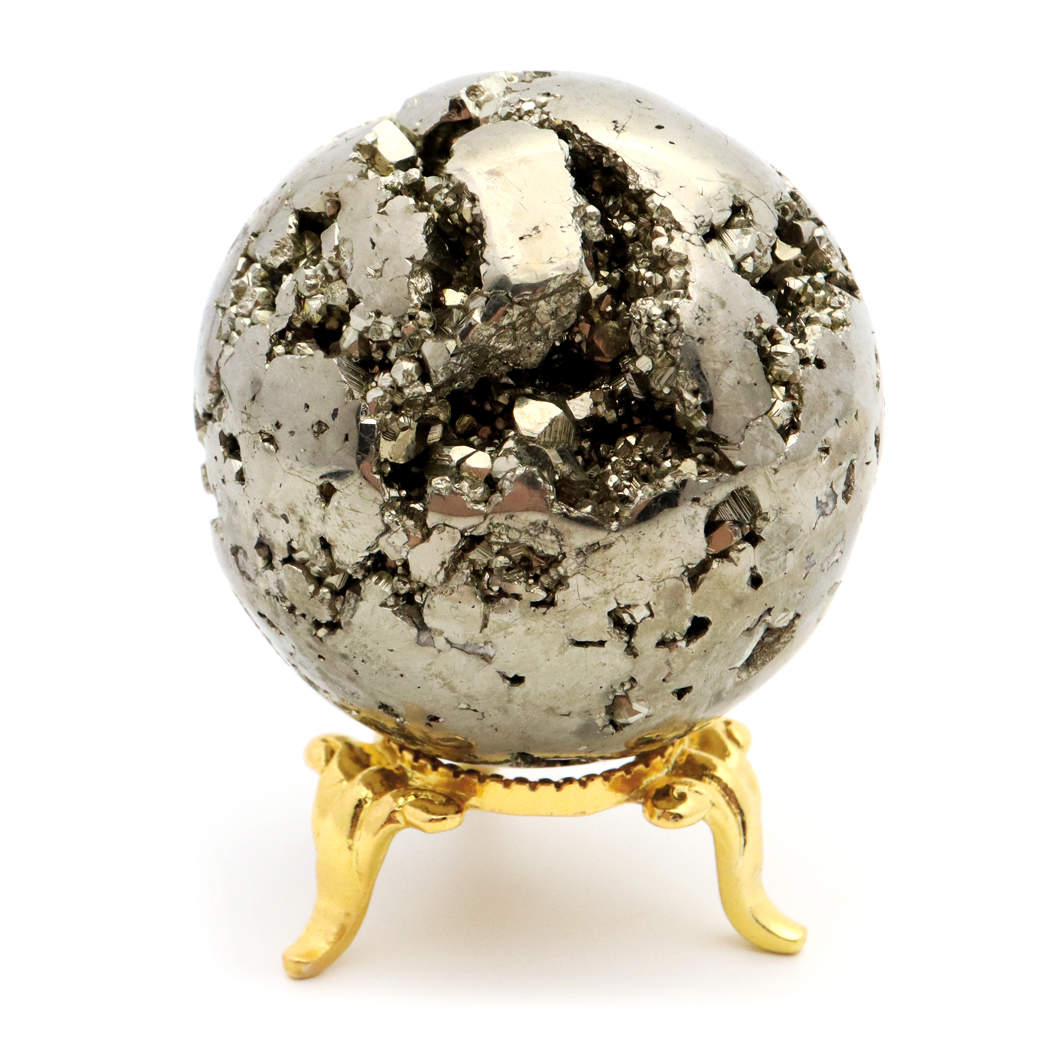 パイライト 丸玉 46mm 1点物 ペルー産 台座付き 置き物 天然石 パワーストーン ピカピカ鏡面 黄鉄鉱 