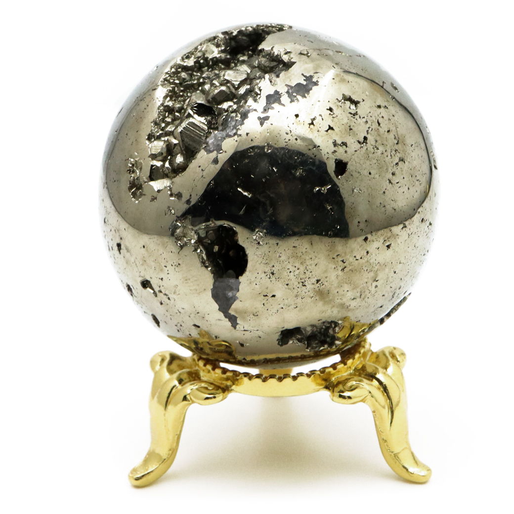 パイライト 丸玉 1点物 ペルー産 台座付き 置き物 天然石 パワーストーン ピカピカ鏡面 黄鉄鉱