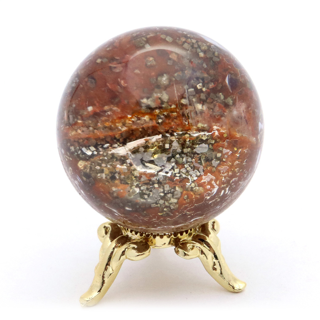 パイライト イン ガーデンクォーツ 丸玉 台座付き 庭園水晶 黄鉄鉱 天然石 Pyrite 1点もの